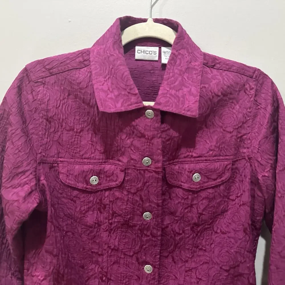 Chico's‎ Textured Magenta Rose Swirl Jacket Shirt Button Up Sz Small
